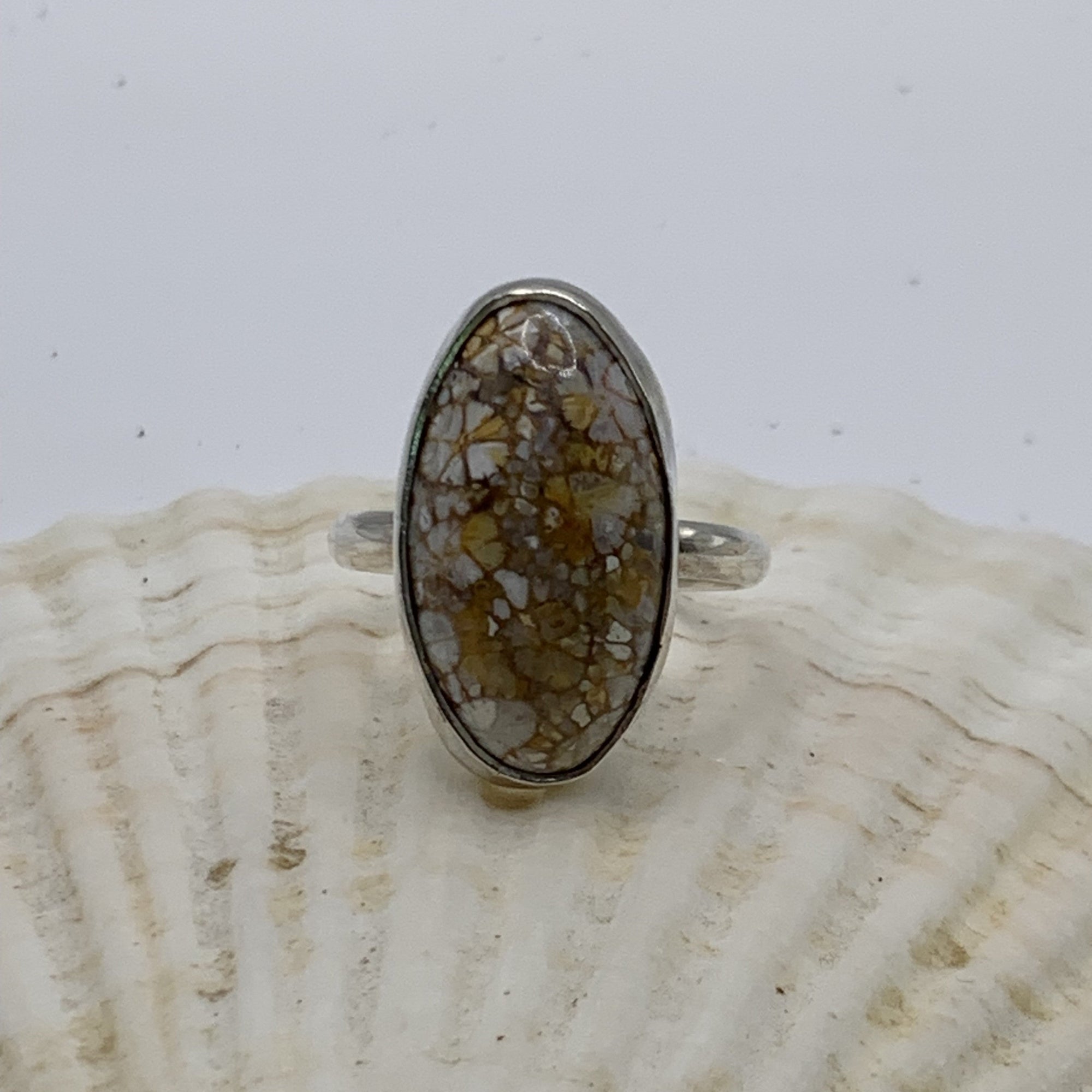 A silver ring with an oval dalmatian pattern stone, displayed on a white seashell against a light gray background.