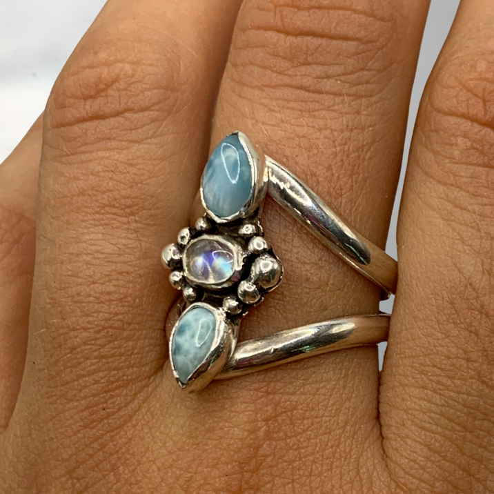 Sterling silver statement ring with larimar and moonstone
